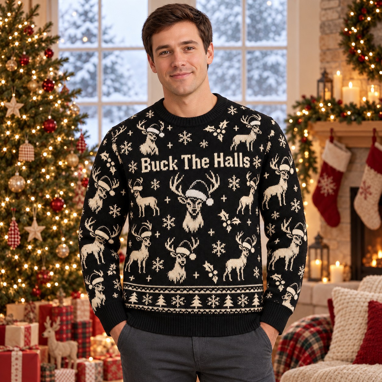 [popular-sweater:PX-07-02:male] Buck The Halls Ugly Christmas Sweatshirt - Male view
