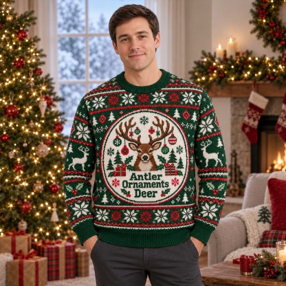 [popular-sweater:PX-07-05:male] Antler Ornaments Deer Ugly Christmas Sweatshirt - Male view