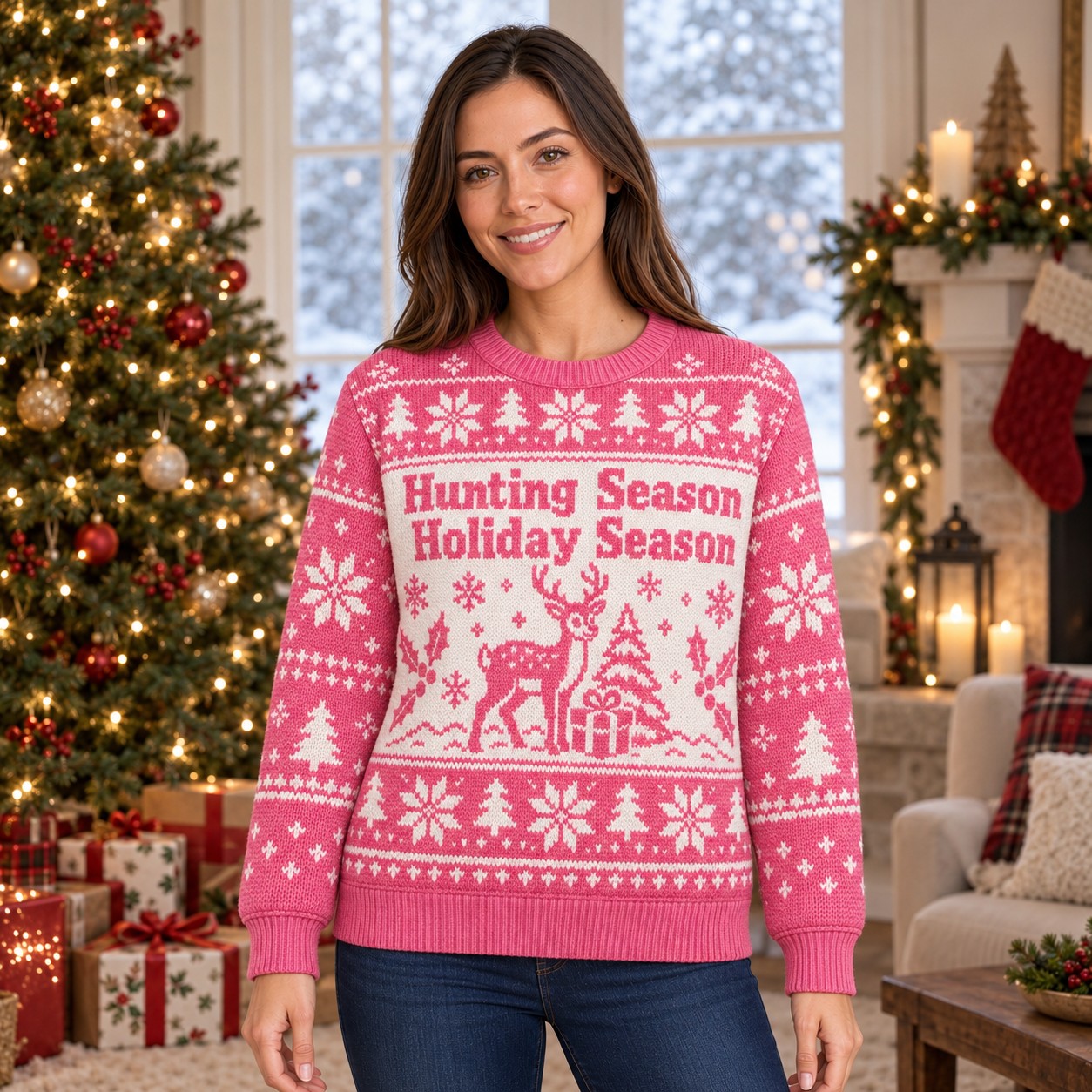[popular-sweater:PX-07-06:female] Hunting Season Holiday Season Ugly Christmas Sweatshirt - Female view