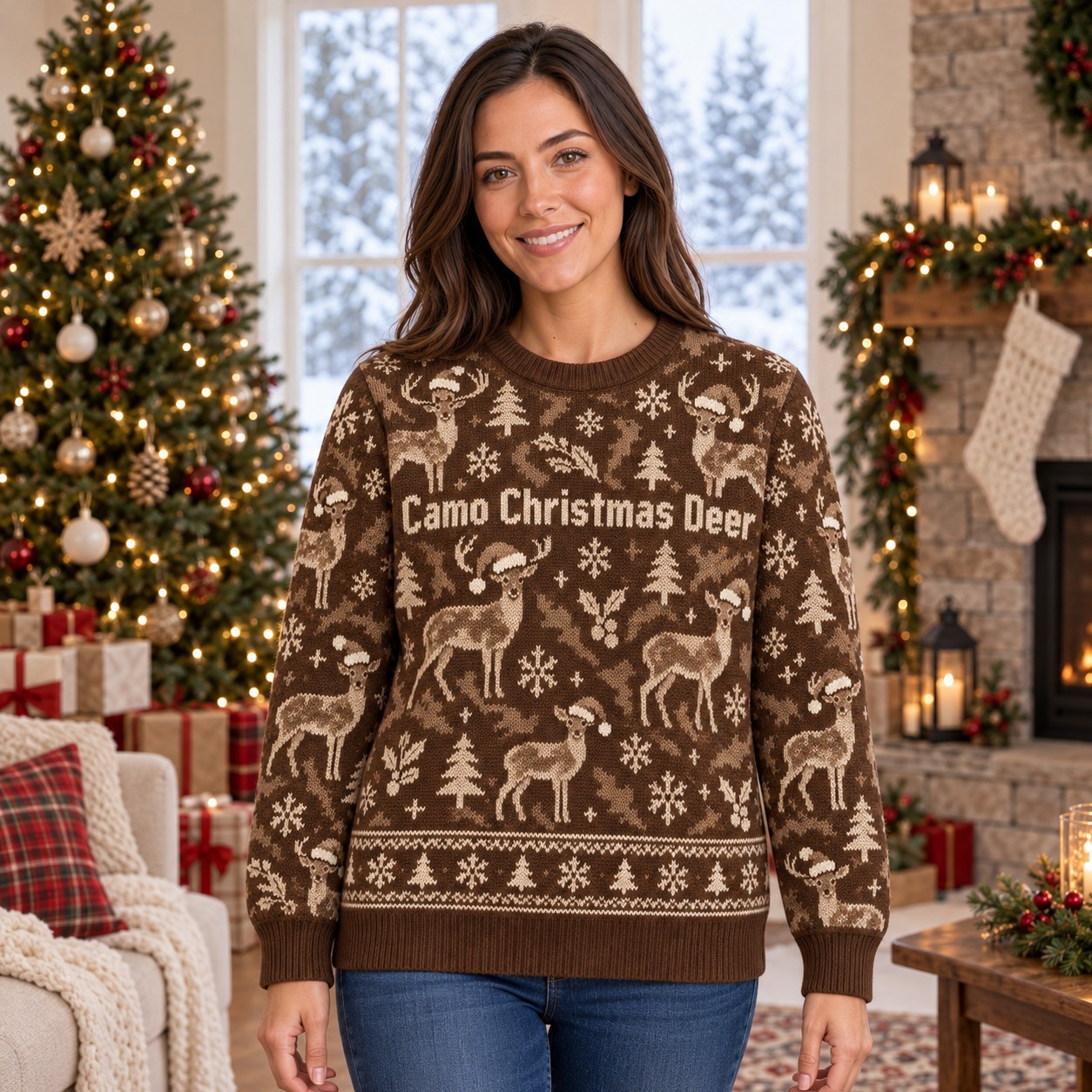 [popular-sweater:PX-07-07:female] Camo Christmas Deer Ugly Christmas Sweatshirt - Female view
