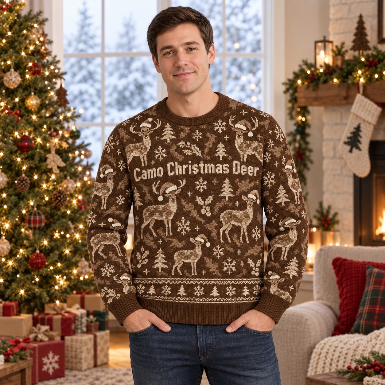 [popular-sweater:PX-07-07:male] Camo Christmas Deer Ugly Christmas Sweatshirt - Male view