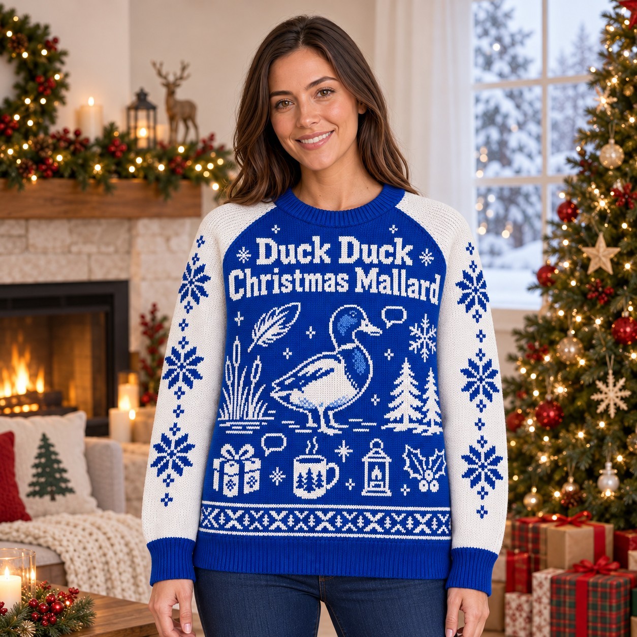 [popular-sweater:PX-07-08:female] Duck Duck Christmas Mallard Ugly Christmas Sweatshirt - Female view