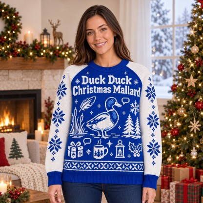 [popular-sweater:PX-07-08:female] Duck Duck Christmas Mallard Ugly Christmas Sweatshirt - Female view