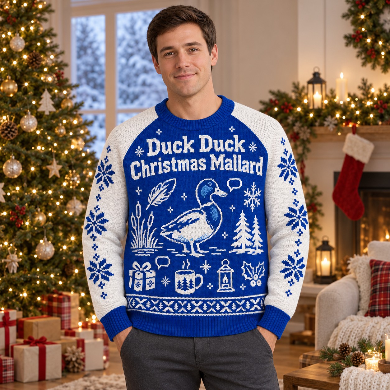 [popular-sweater:PX-07-08:male] Duck Duck Christmas Mallard Ugly Christmas Sweatshirt - Male view