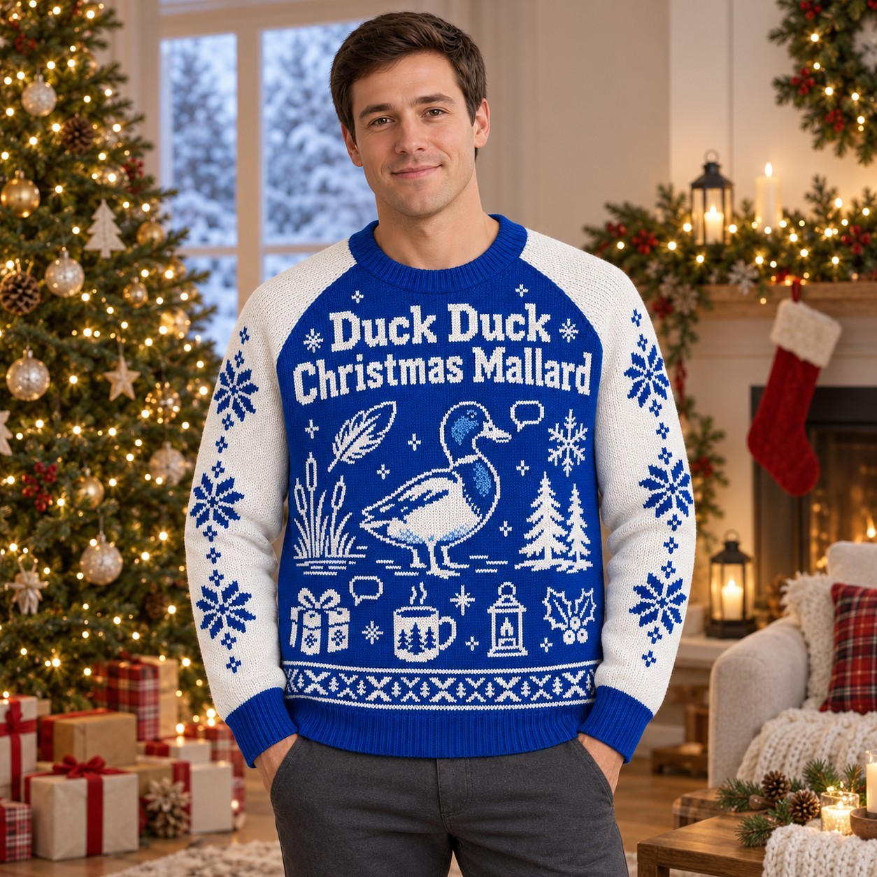 [popular-sweater:PX-07-08:male] Duck Duck Christmas Mallard Ugly Christmas Sweatshirt - Male view