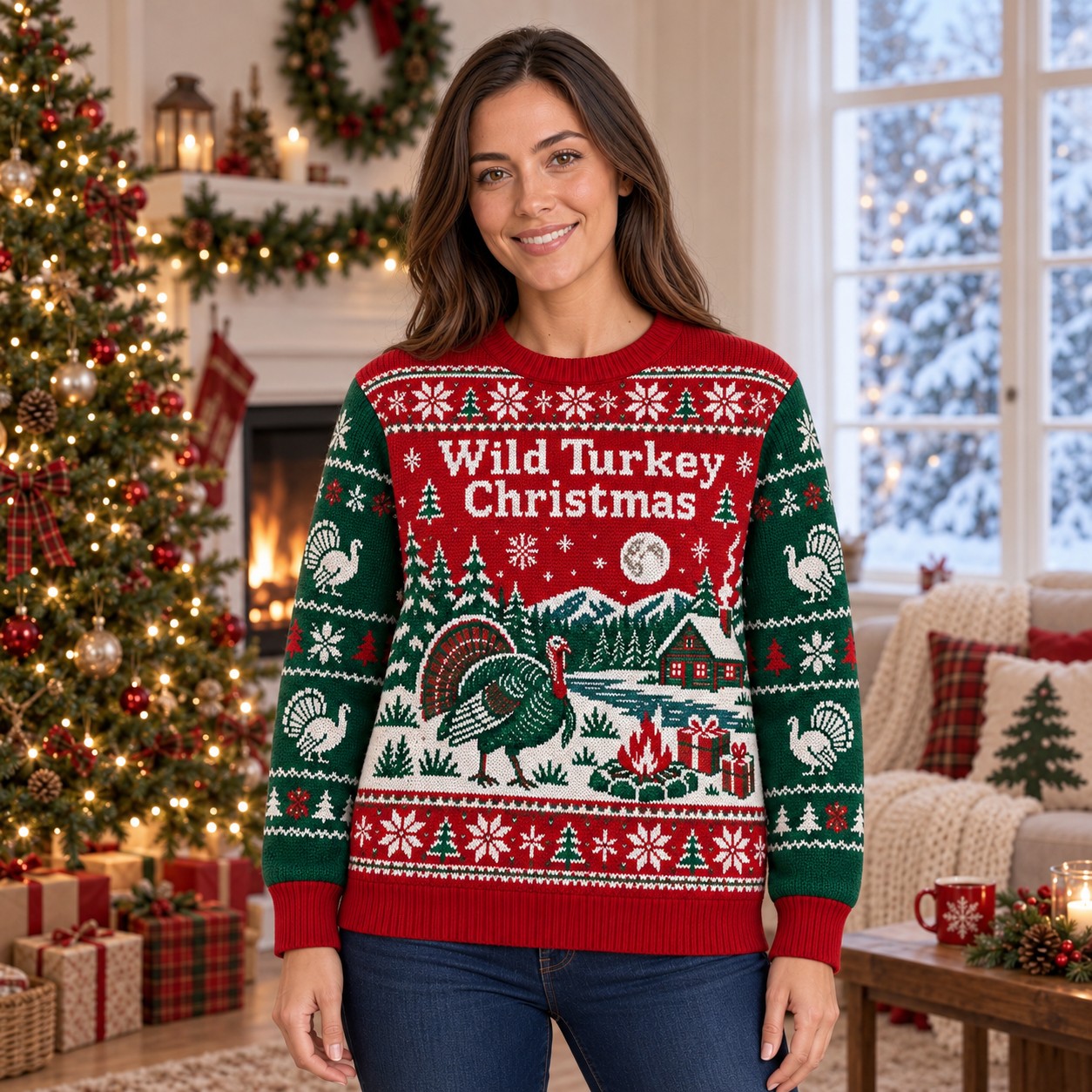 [popular-sweater:PX-07-09:female] Wild Turkey Christmas Ugly Christmas Sweatshirt - Female view