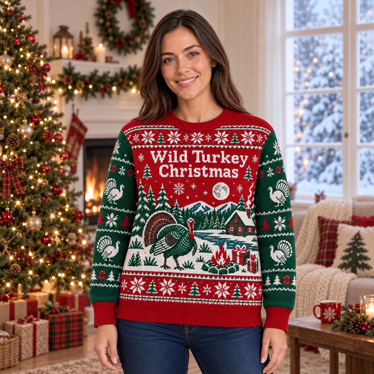[popular-sweater:PX-07-09:female] Wild Turkey Christmas Ugly Christmas Sweatshirt - Female view