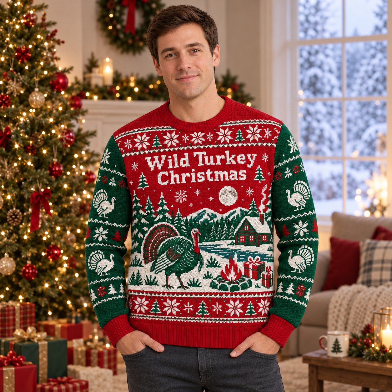 [popular-sweater:PX-07-09:male] Wild Turkey Christmas Ugly Christmas Sweatshirt - Male view