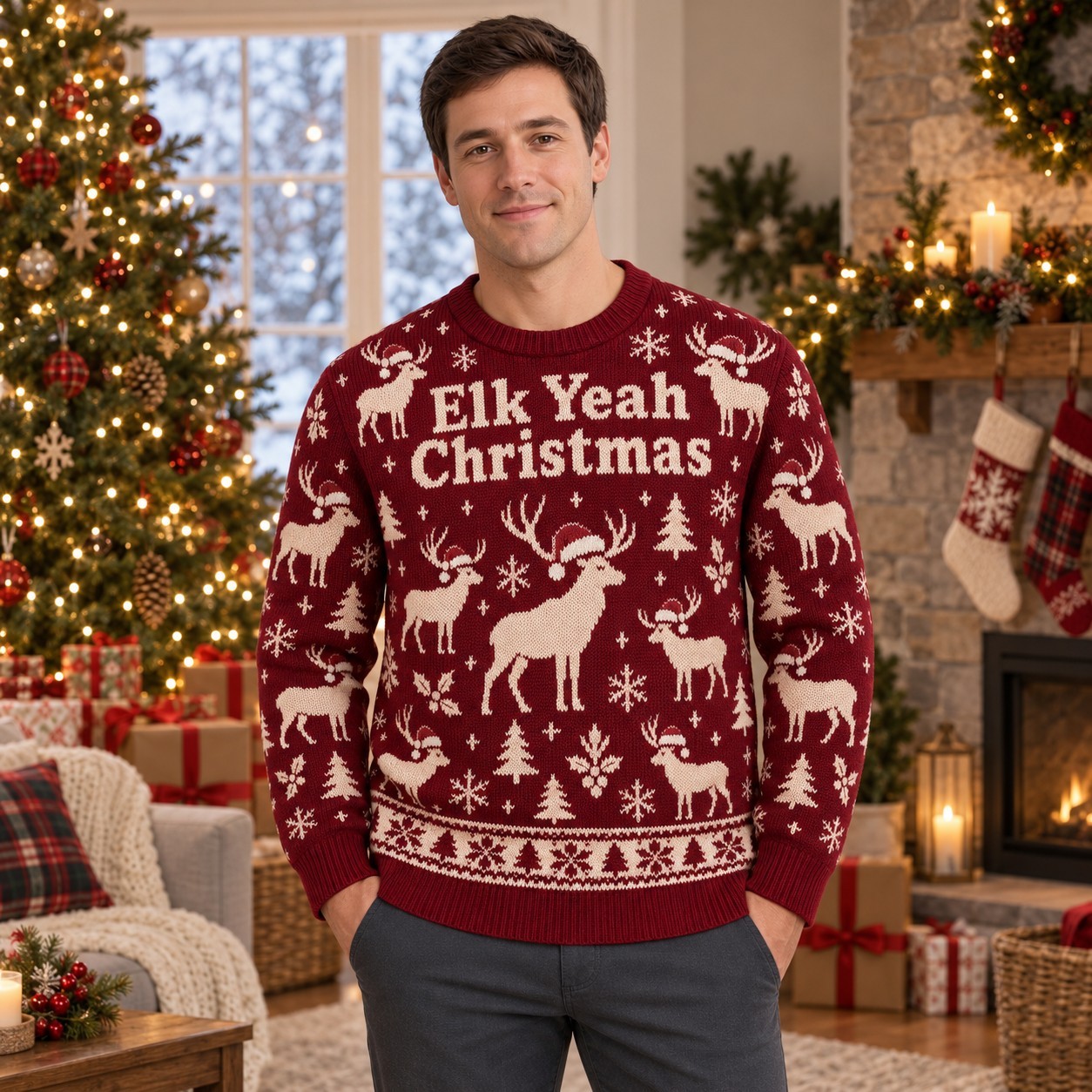 [popular-sweater:PX-07-12:male] Elk Yeah Christmas Ugly Christmas Sweatshirt - Male view