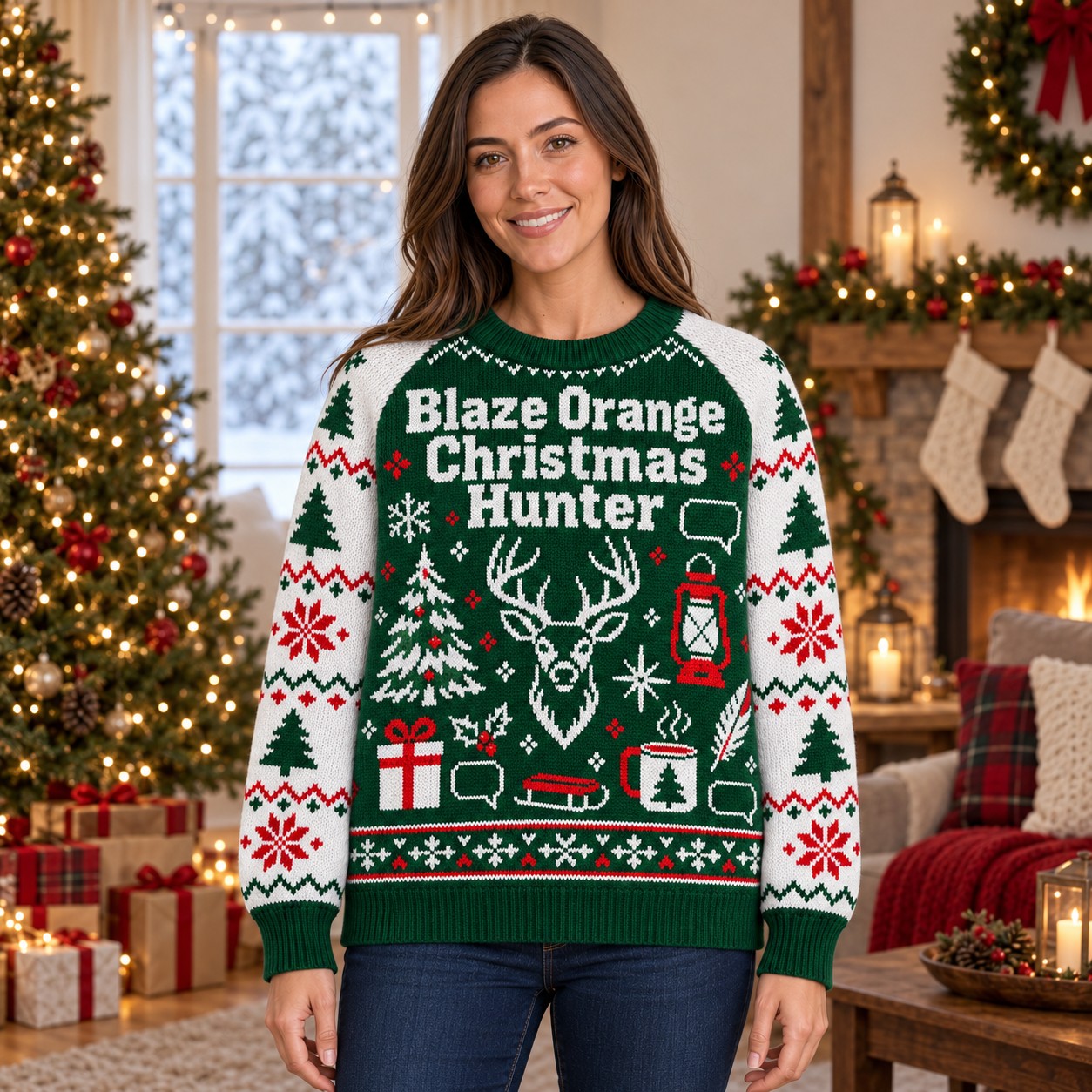 [popular-sweater:PX-07-13:female] Blaze Orange Christmas Hunter Ugly Christmas Sweatshirt - Female view