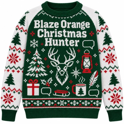 [popular-sweater:PX-07-13:front] Blaze Orange Christmas Hunter Ugly Christmas Sweatshirt - Front view