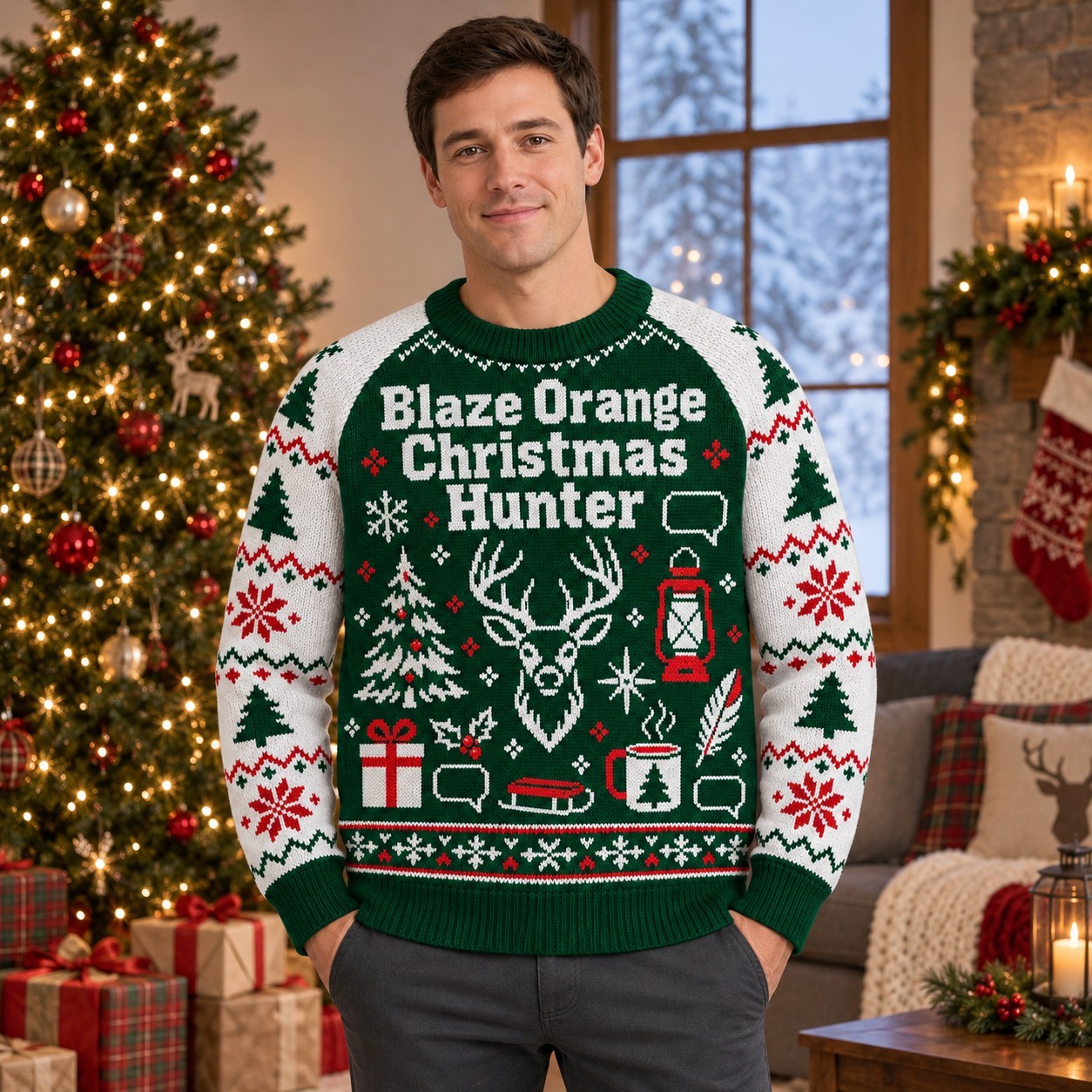 [popular-sweater:PX-07-13:male] Blaze Orange Christmas Hunter Ugly Christmas Sweatshirt - Male view