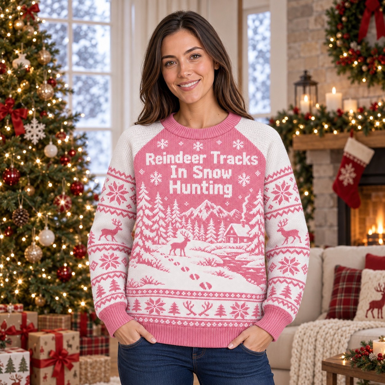 [popular-sweater:PX-07-14:female] Reindeer Tracks In Snow Hunting Ugly Christmas Sweatshirt - Female view