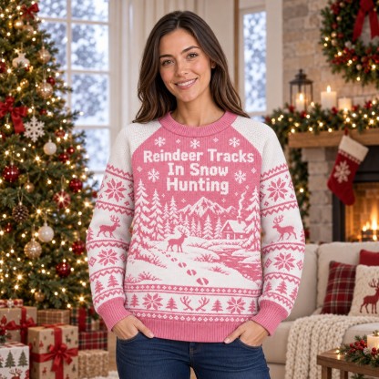 [popular-sweater:PX-07-14:female] Reindeer Tracks In Snow Hunting Ugly Christmas Sweatshirt - Female view