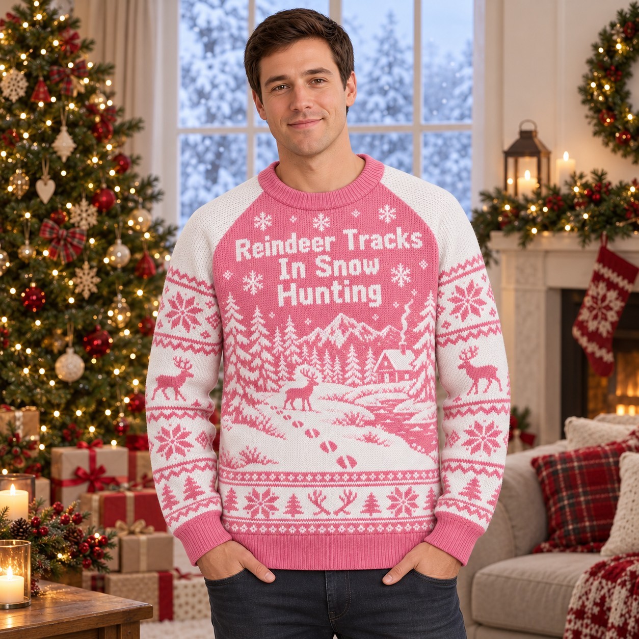 [popular-sweater:PX-07-14:male] Reindeer Tracks In Snow Hunting Ugly Christmas Sweatshirt - Male view