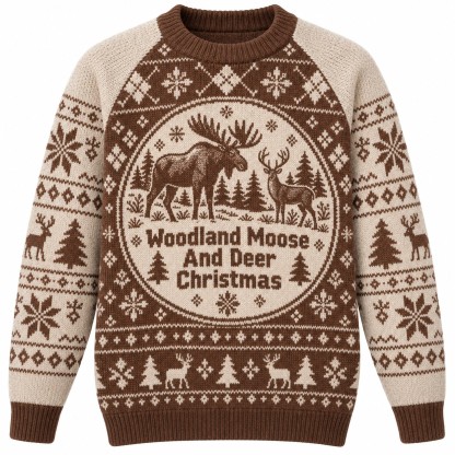 [popular-sweater:PX-07-15:front] Woodland Moose And Deer Christmas Ugly Christmas Sweatshirt - Front view