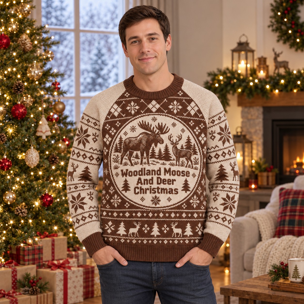 [popular-sweater:PX-07-15:male] Woodland Moose And Deer Christmas Ugly Christmas Sweatshirt - Male view