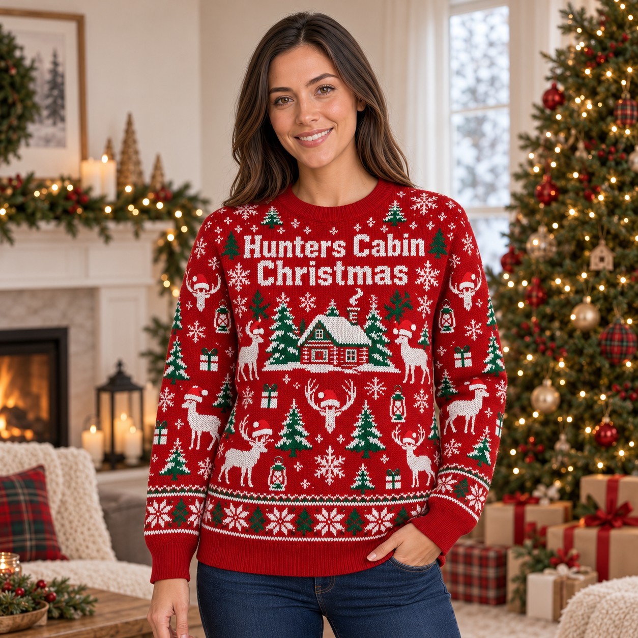 [popular-sweater:PX-07-17:female] Hunters Cabin Christmas Ugly Christmas Sweatshirt - Female view
