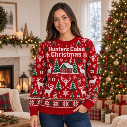 [popular-sweater:PX-07-17:female] Hunters Cabin Christmas Ugly Christmas Sweatshirt - Female view