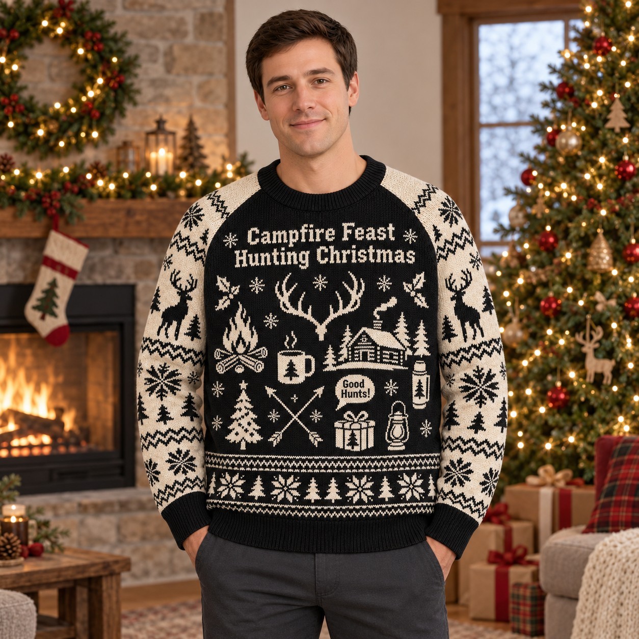 [popular-sweater:PX-07-18:male] Campfire Feast Hunting Christmas Ugly Christmas Sweatshirt - Male view