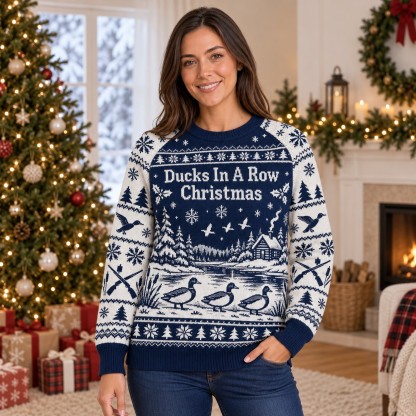[popular-sweater:PX-07-19:female] Ducks In A Row Christmas Ugly Christmas Sweatshirt - Female view