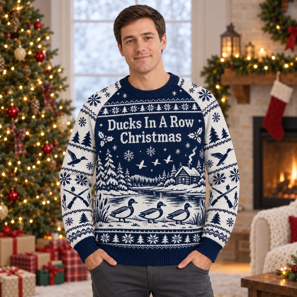 [popular-sweater:PX-07-19:male] Ducks In A Row Christmas Ugly Christmas Sweatshirt - Male view