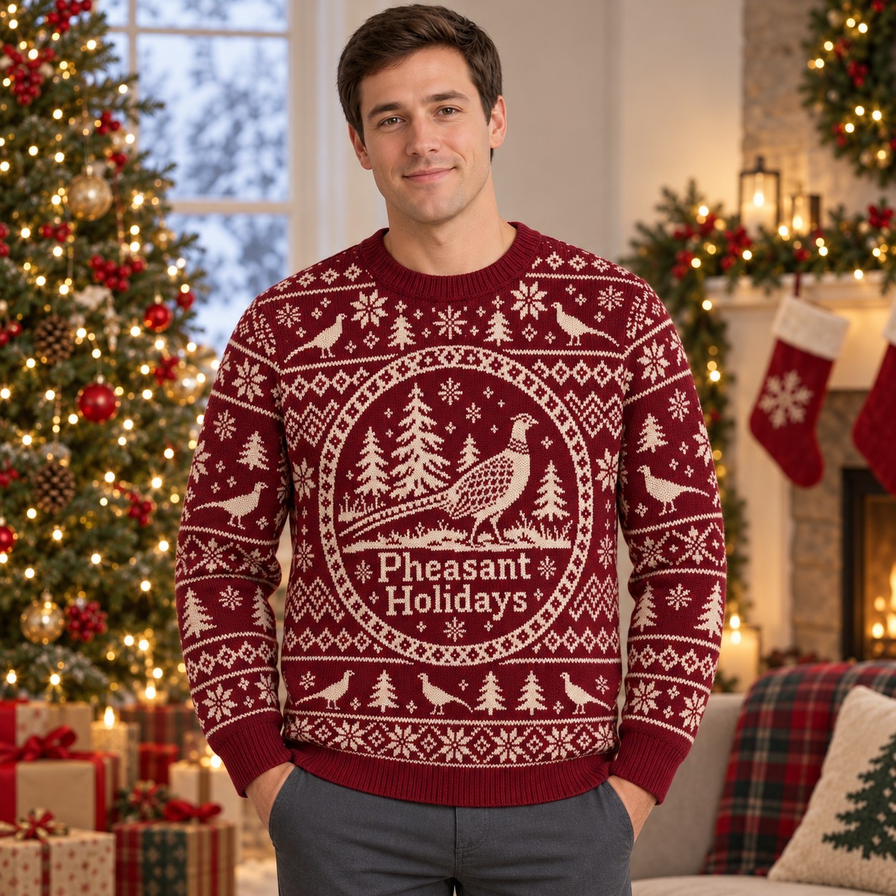 [popular-sweater:PX-07-20:male] Pheasant Holidays Ugly Christmas Sweatshirt - Male view