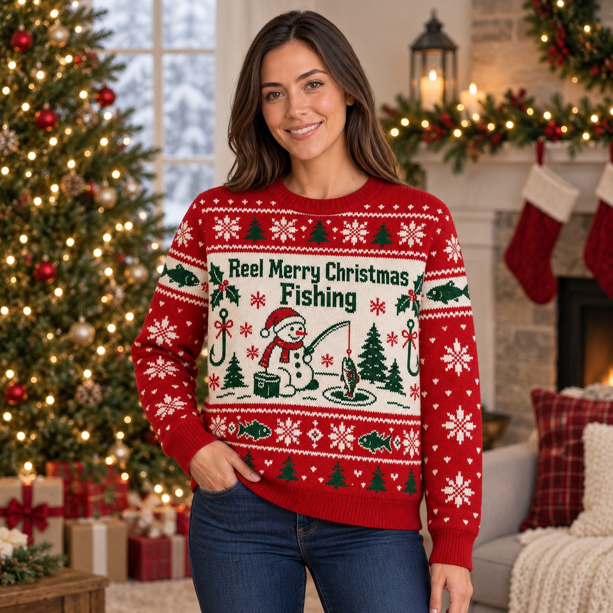 [popular-sweater:PX-08-01:female] Reel Merry Christmas Fishing Ugly Christmas Sweatshirt - Female view