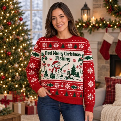 [popular-sweater:PX-08-01:female] Reel Merry Christmas Fishing Ugly Christmas Sweatshirt - Female view