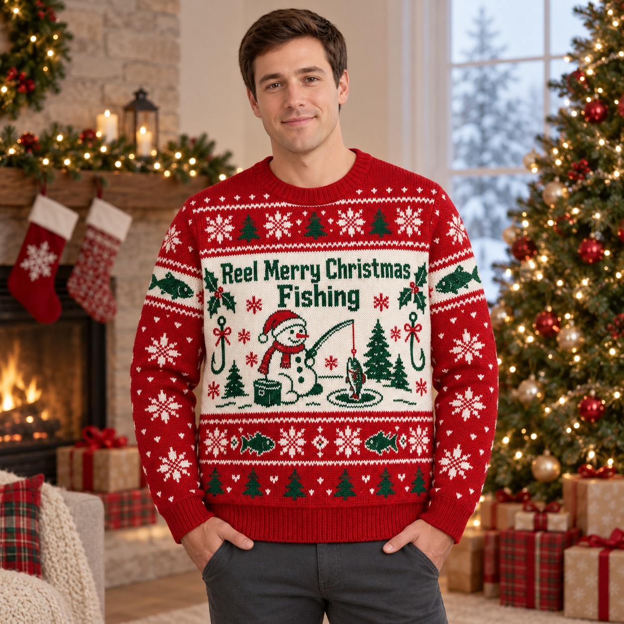[popular-sweater:PX-08-01:male] Reel Merry Christmas Fishing Ugly Christmas Sweatshirt - Male view