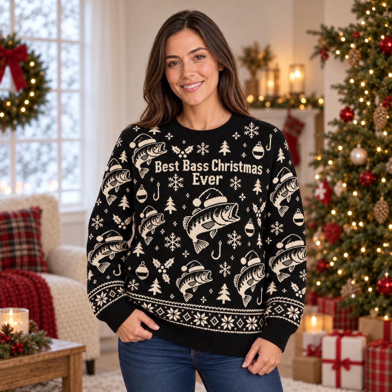 [popular-sweater:PX-08-02:female] Best Bass Christmas Ever Ugly Christmas Sweatshirt - Female view