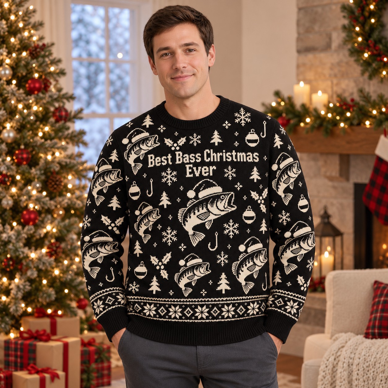 [popular-sweater:PX-08-02:male] Best Bass Christmas Ever Ugly Christmas Sweatshirt - Male view