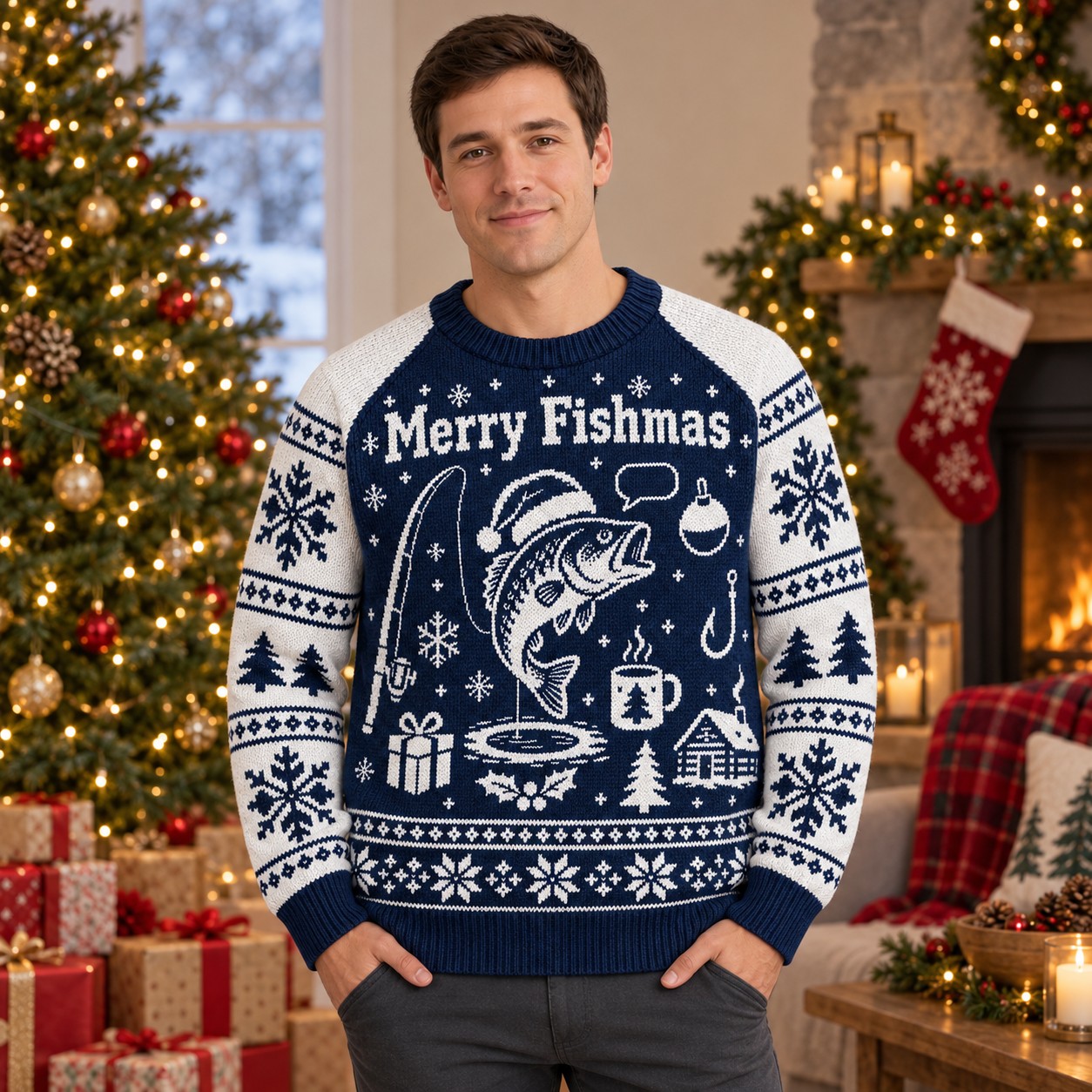 [popular-sweater:PX-08-03:male] Merry Fishmas Ugly Christmas Sweatshirt - Male view