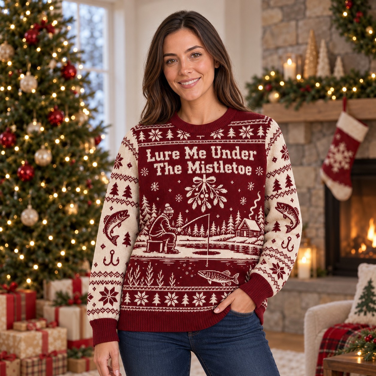 [popular-sweater:PX-08-04:female] Lure Me Under The Mistletoe Ugly Christmas Sweatshirt - Female view