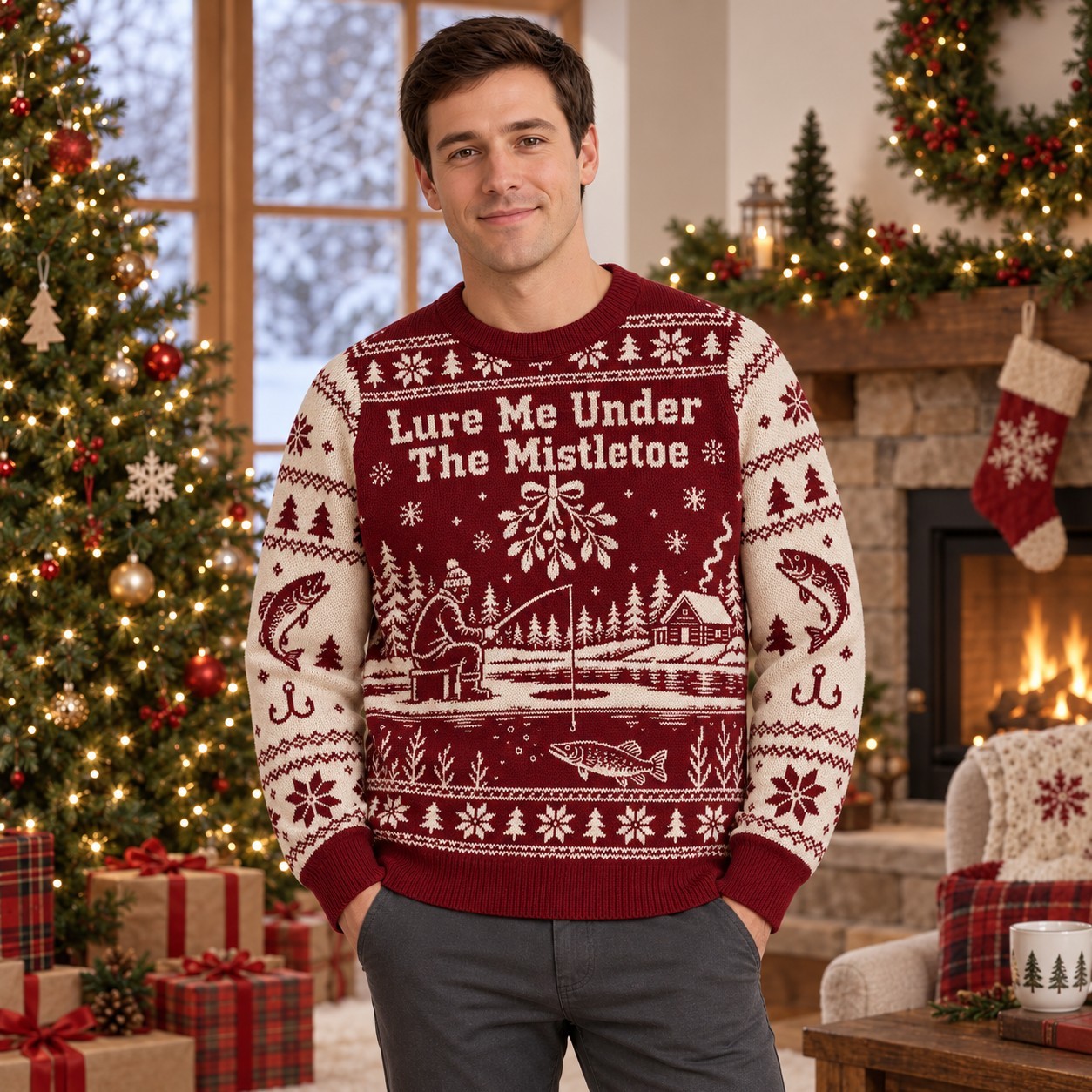 [popular-sweater:PX-08-04:male] Lure Me Under The Mistletoe Ugly Christmas Sweatshirt - Male view