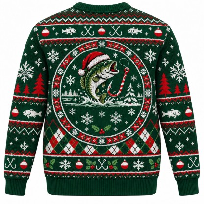 [popular-sweater:PX-08-05:back] Hooked On Christmas Fishing Ugly Christmas Sweatshirt - Back view