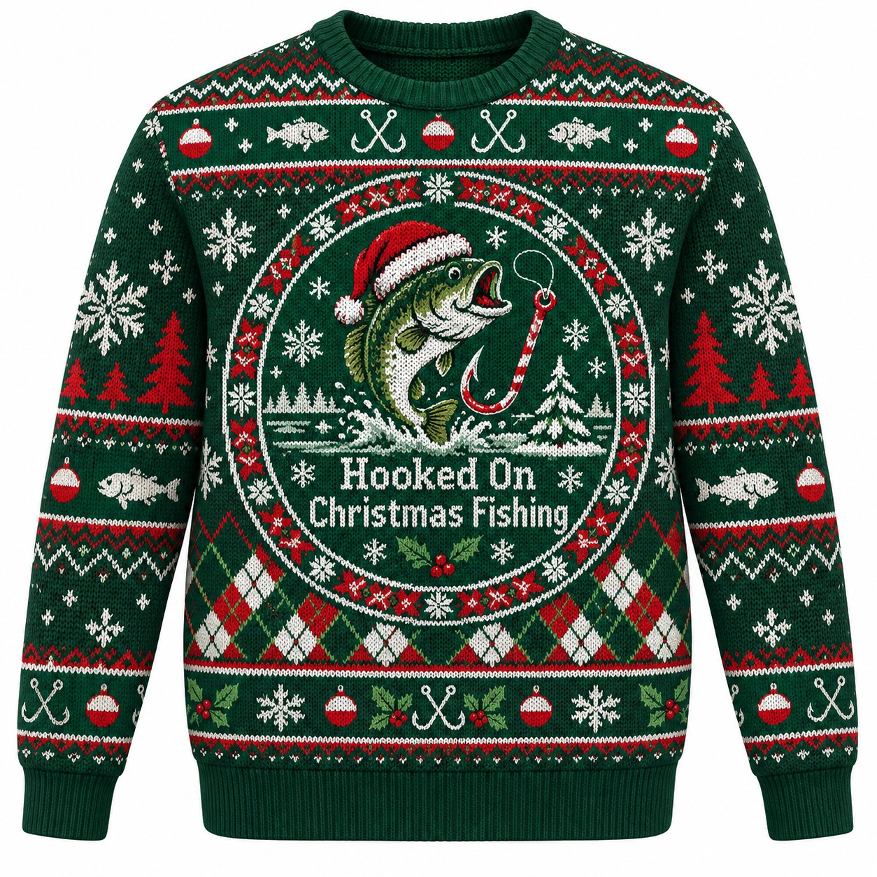 [popular-sweater:PX-08-05:front] Hooked On Christmas Fishing Ugly Christmas Sweatshirt - Front view