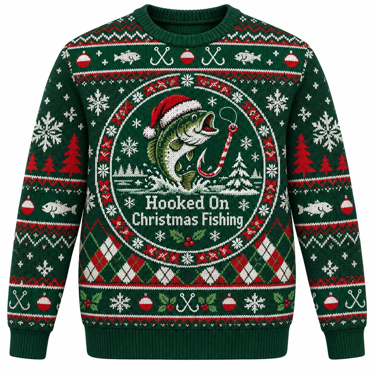 [popular-sweater:PX-08-05:front] Hooked On Christmas Fishing Ugly Christmas Sweatshirt - Front view
