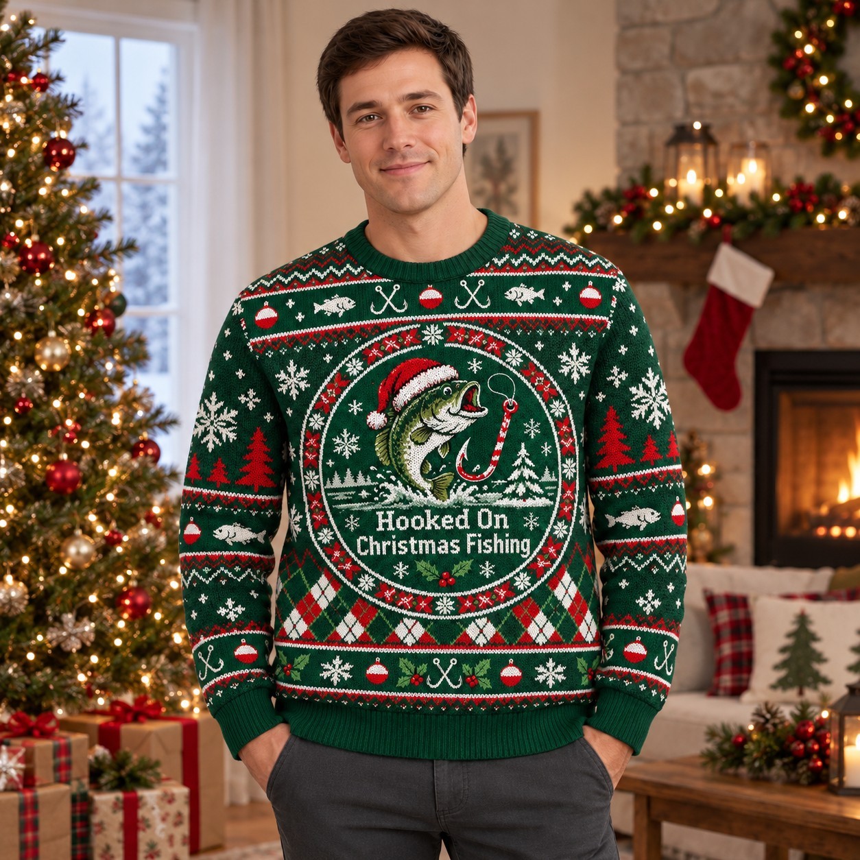 [popular-sweater:PX-08-05:male] Hooked On Christmas Fishing Ugly Christmas Sweatshirt - Male view