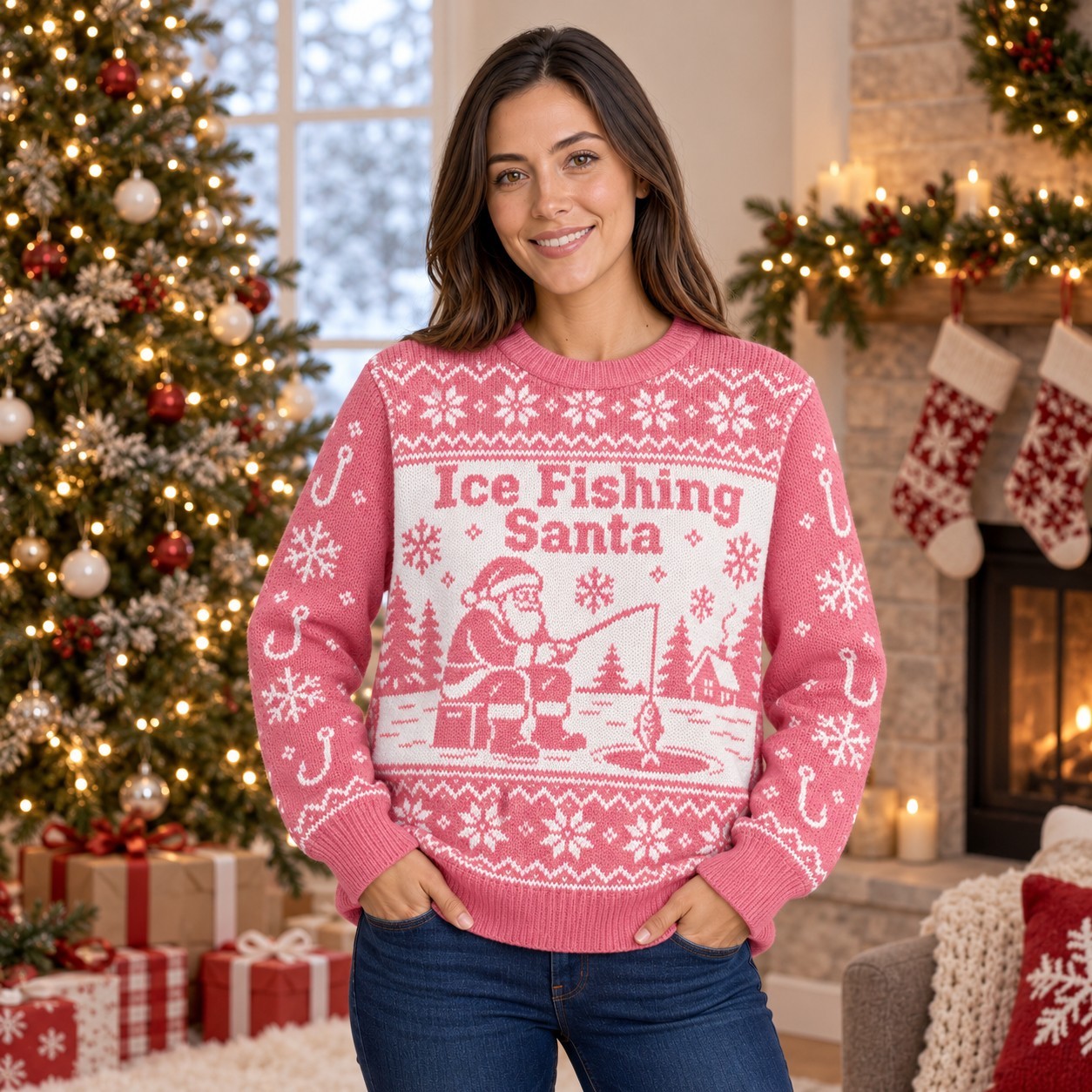 [popular-sweater:PX-08-06:female] Ice Fishing Santa Ugly Christmas Sweatshirt - Female view