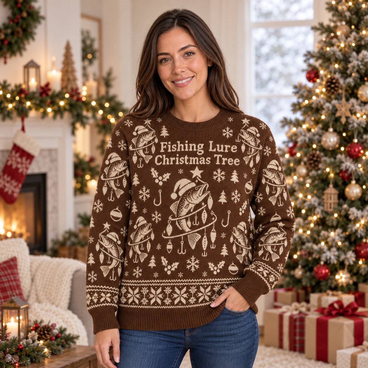 [popular-sweater:PX-08-07:female] Fishing Lure Christmas Tree Ugly Christmas Sweatshirt - Female view