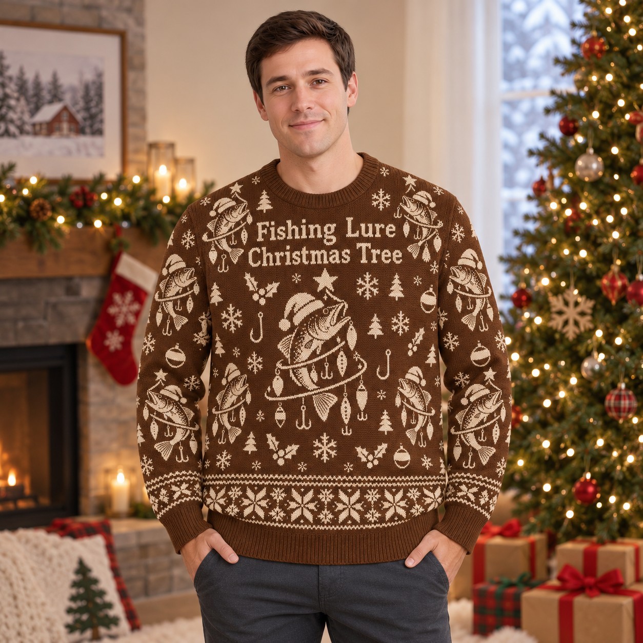 [popular-sweater:PX-08-07:male] Fishing Lure Christmas Tree Ugly Christmas Sweatshirt - Male view