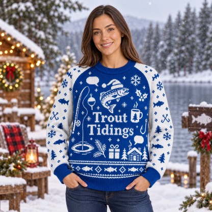 [popular-sweater:PX-08-08:female] Trout Tidings Ugly Christmas Sweatshirt - Female view