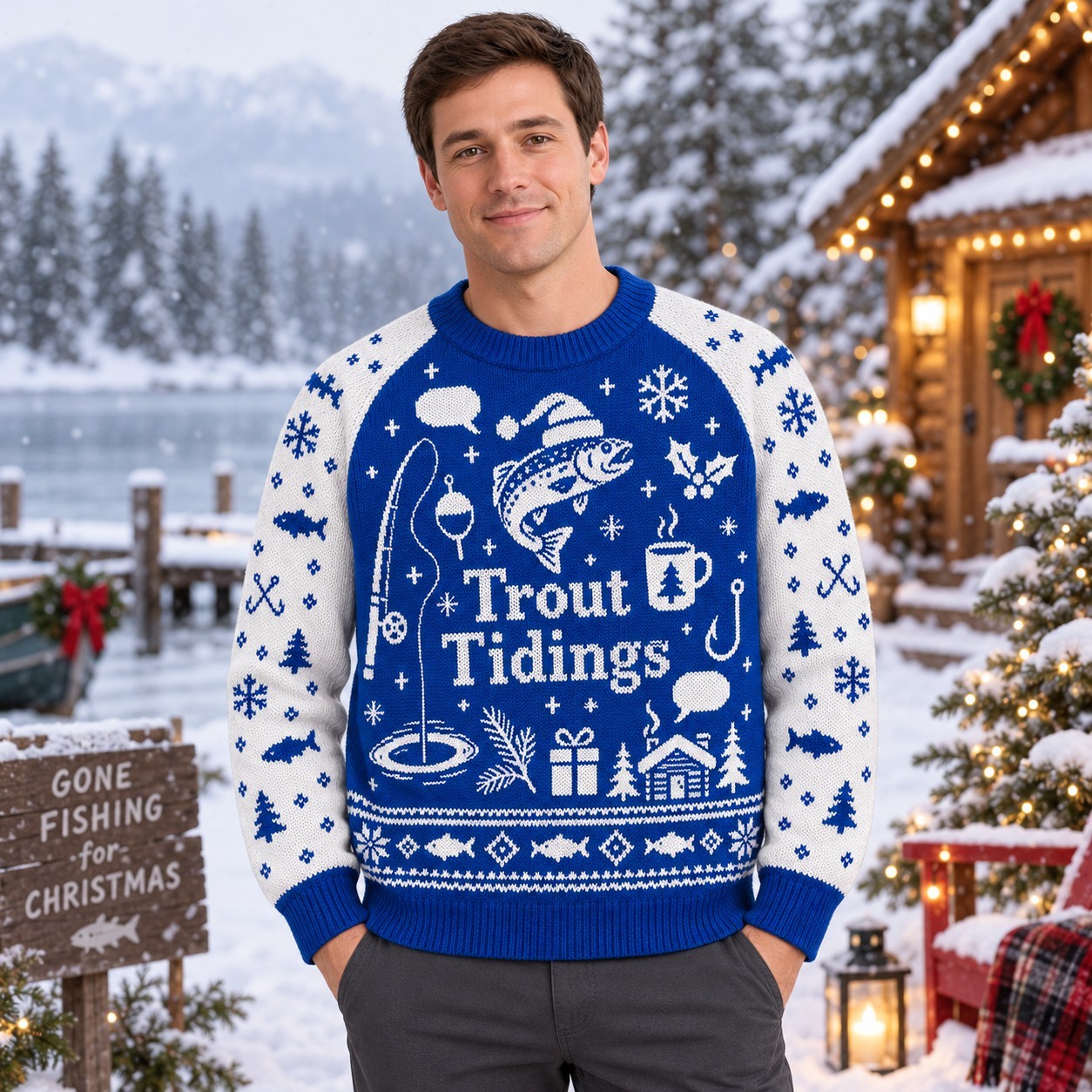 [popular-sweater:PX-08-08:male] Trout Tidings Ugly Christmas Sweatshirt - Male view