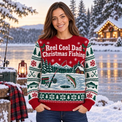 [popular-sweater:PX-08-09:female] Reel Cool Dad Christmas Fishing Ugly Christmas Sweatshirt - Female view