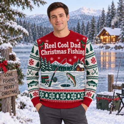 [popular-sweater:PX-08-09:male] Reel Cool Dad Christmas Fishing Ugly Christmas Sweatshirt - Male view
