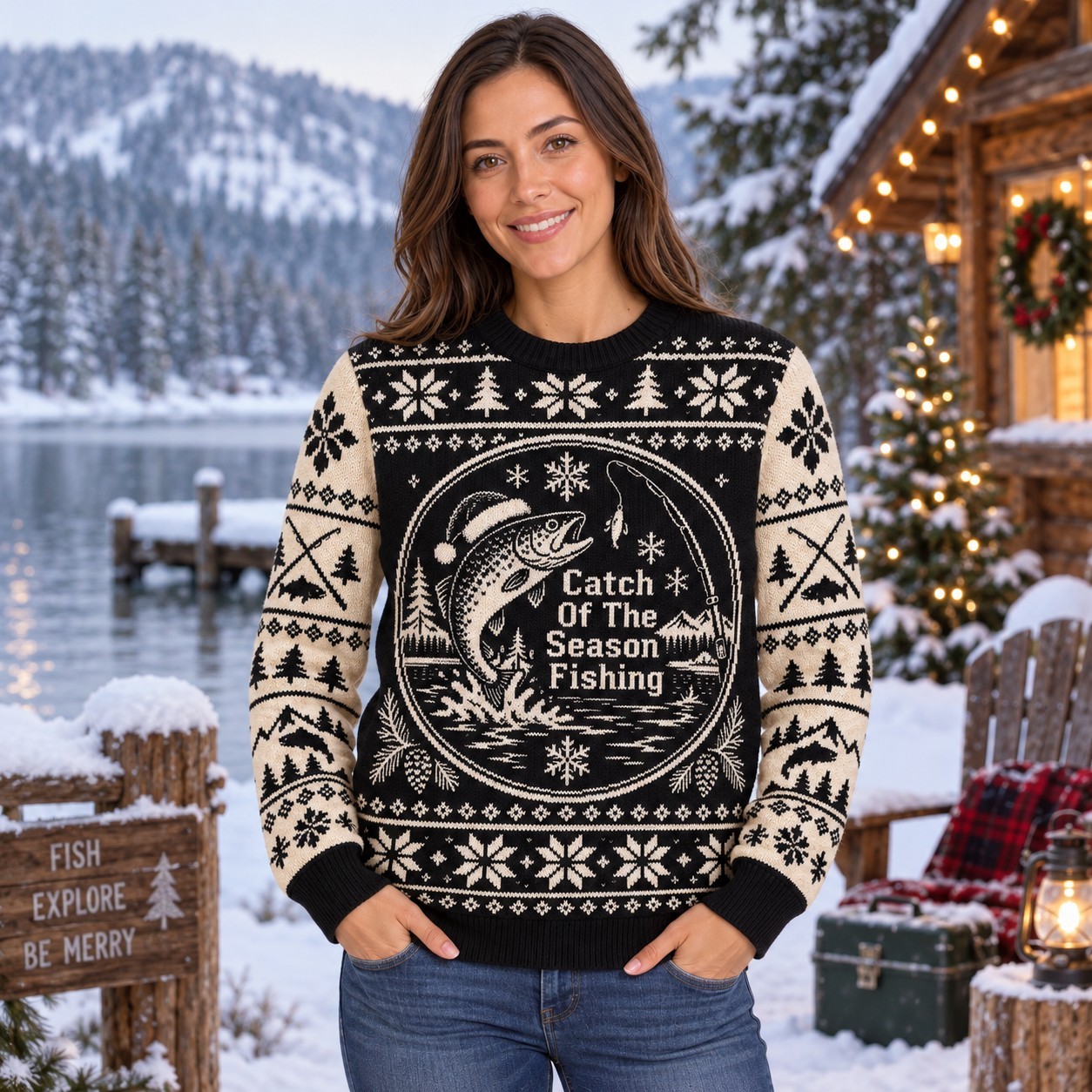 [popular-sweater:PX-08-10:female] Catch Of The Season Fishing Ugly Christmas Sweatshirt - Female view