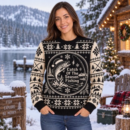[popular-sweater:PX-08-10:female] Catch Of The Season Fishing Ugly Christmas Sweatshirt - Female view