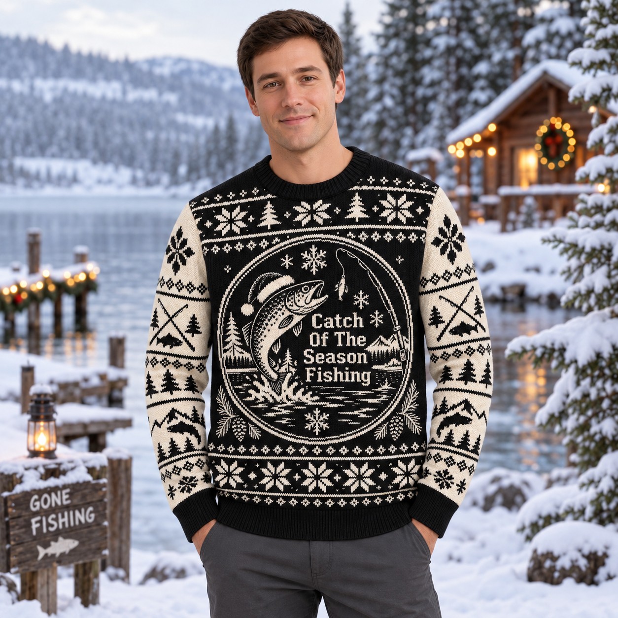 [popular-sweater:PX-08-10:male] Catch Of The Season Fishing Ugly Christmas Sweatshirt - Male view