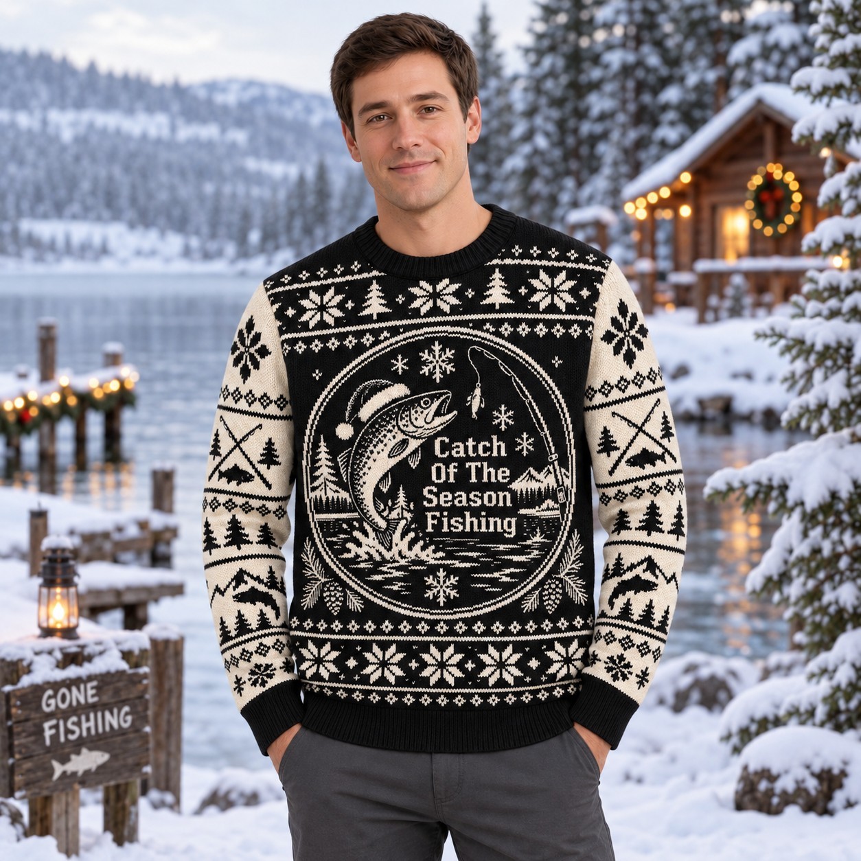 [popular-sweater:PX-08-10:male] Catch Of The Season Fishing Ugly Christmas Sweatshirt - Male view